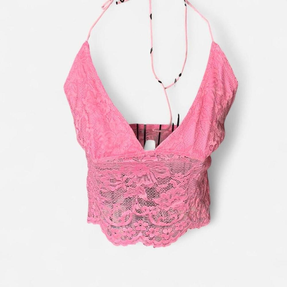 Y2K Aesthetic Pink Lace Halter Top Backless Boho Festival Crop S